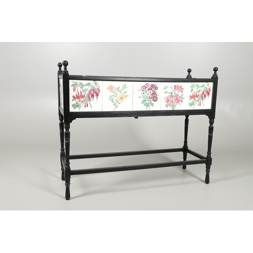 658 - AN ARTS AND CRAFTS EBONISED AND TILED JARDINIERE STAND. An ebonised rectangular shaped jardiniere st... 