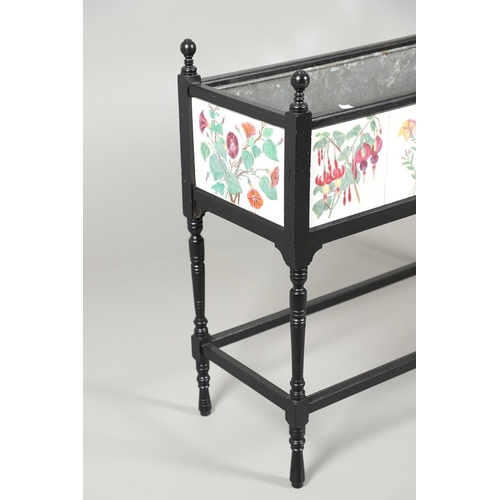 658 - AN ARTS AND CRAFTS EBONISED AND TILED JARDINIERE STAND. An ebonised rectangular shaped jardiniere st... 