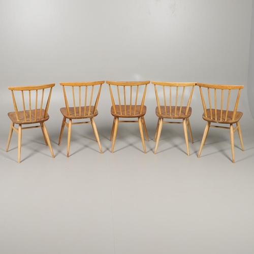 660 - SET OF ERCOL VINTAGE STICK BACK CHAIRS. A set of five Ercol light elm and beech stick back chairs, e... 