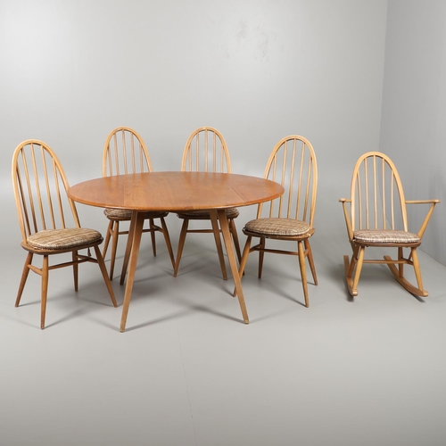 664 - ERCOL DROP FLAP TABLE & FOUR DINING CHAIRS, & A ROCKING CHAIR. A vintage light elm and beech drop fl... 