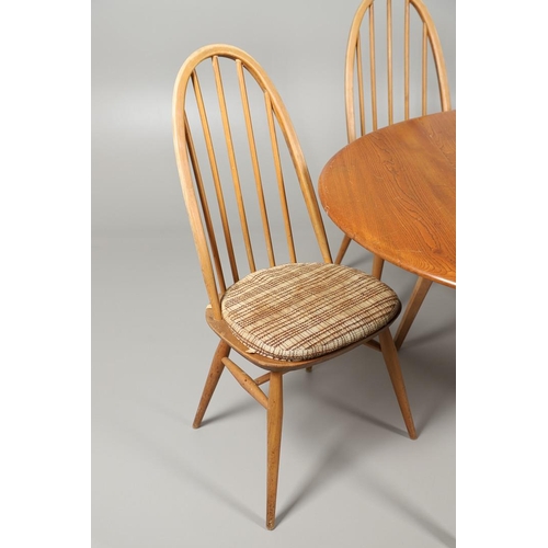 664 - ERCOL DROP FLAP TABLE & FOUR DINING CHAIRS, & A ROCKING CHAIR. A vintage light elm and beech drop fl... 