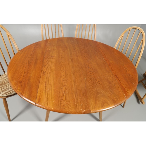 664 - ERCOL DROP FLAP TABLE & FOUR DINING CHAIRS, & A ROCKING CHAIR. A vintage light elm and beech drop fl... 