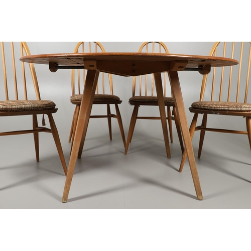 664 - ERCOL DROP FLAP TABLE & FOUR DINING CHAIRS, & A ROCKING CHAIR. A vintage light elm and beech drop fl... 