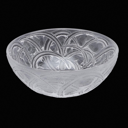 731 - LALIQUE GLASS BOWL - PINSONS. A frosted and clear glass bowl, decorated in relief with repeating fin... 