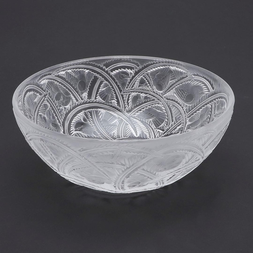 731 - LALIQUE GLASS BOWL - PINSONS. A frosted and clear glass bowl, decorated in relief with repeating fin... 