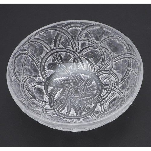 731 - LALIQUE GLASS BOWL - PINSONS. A frosted and clear glass bowl, decorated in relief with repeating fin... 