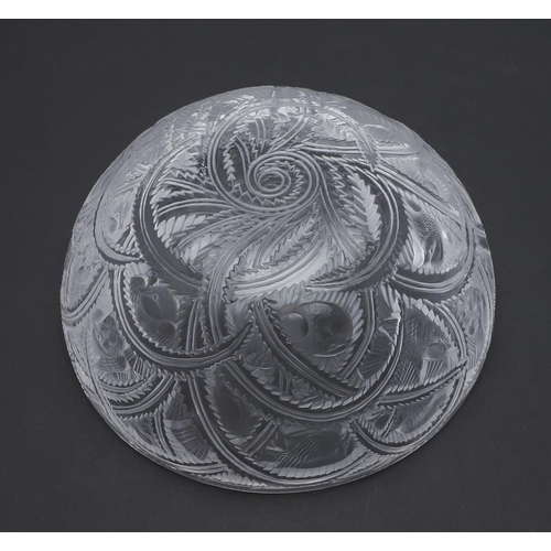 731 - LALIQUE GLASS BOWL - PINSONS. A frosted and clear glass bowl, decorated in relief with repeating fin... 