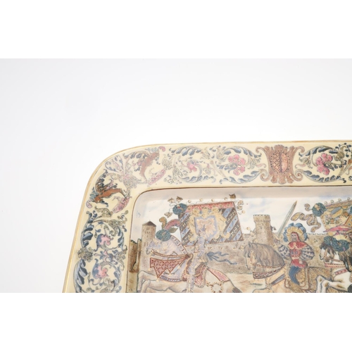 734 - LARGE ZSOLNAY PECS DISH & BOWL. An unusual rectangular dish decorated with knights on horseback, car... 