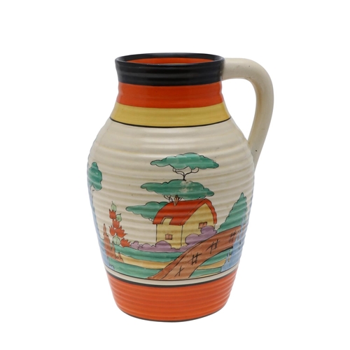 735 - CLARICE CLIFF LOTUS JUG - ORANGE ROOF COTTAGE. A lotus jug painted in the Orange Roof Cottage design... 