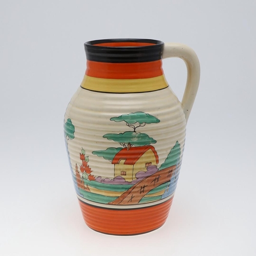 735 - CLARICE CLIFF LOTUS JUG - ORANGE ROOF COTTAGE. A lotus jug painted in the Orange Roof Cottage design... 