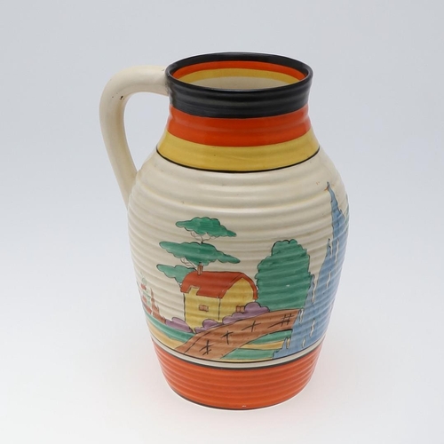 735 - CLARICE CLIFF LOTUS JUG - ORANGE ROOF COTTAGE. A lotus jug painted in the Orange Roof Cottage design... 