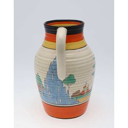 735 - CLARICE CLIFF LOTUS JUG - ORANGE ROOF COTTAGE. A lotus jug painted in the Orange Roof Cottage design... 