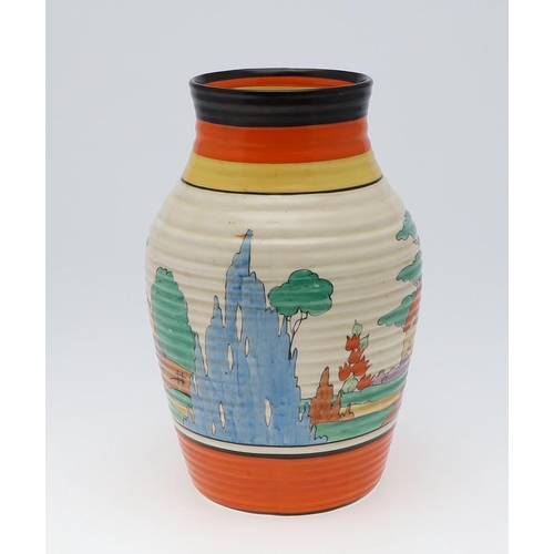 735 - CLARICE CLIFF LOTUS JUG - ORANGE ROOF COTTAGE. A lotus jug painted in the Orange Roof Cottage design... 