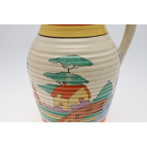 735 - CLARICE CLIFF LOTUS JUG - ORANGE ROOF COTTAGE. A lotus jug painted in the Orange Roof Cottage design... 