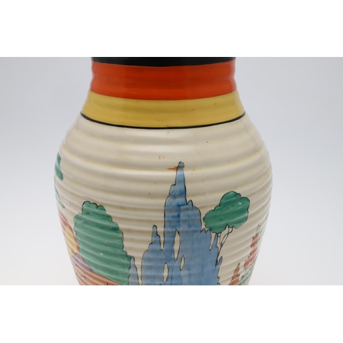 735 - CLARICE CLIFF LOTUS JUG - ORANGE ROOF COTTAGE. A lotus jug painted in the Orange Roof Cottage design... 