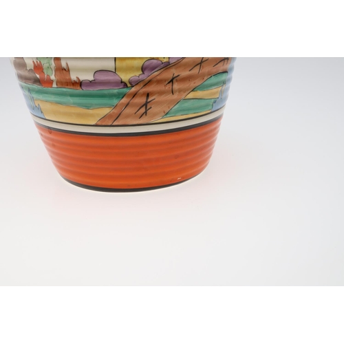 735 - CLARICE CLIFF LOTUS JUG - ORANGE ROOF COTTAGE. A lotus jug painted in the Orange Roof Cottage design... 