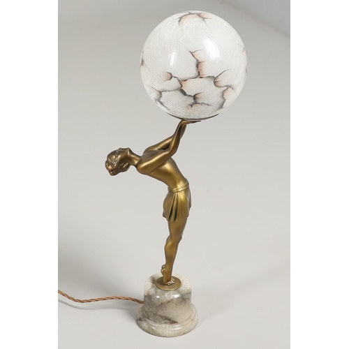 737 - ART DECO FIGURAL LAMP & SHADE. A spelter table lamp in the form of lady balanced on tip toes, the fi... 