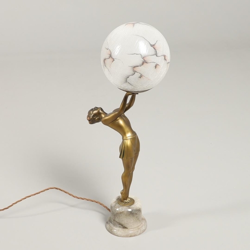 737 - ART DECO FIGURAL LAMP & SHADE. A spelter table lamp in the form of lady balanced on tip toes, the fi... 