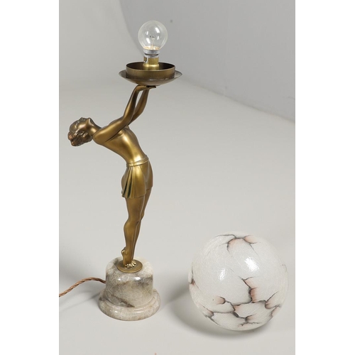 737 - ART DECO FIGURAL LAMP & SHADE. A spelter table lamp in the form of lady balanced on tip toes, the fi... 