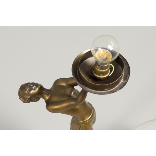 737 - ART DECO FIGURAL LAMP & SHADE. A spelter table lamp in the form of lady balanced on tip toes, the fi... 