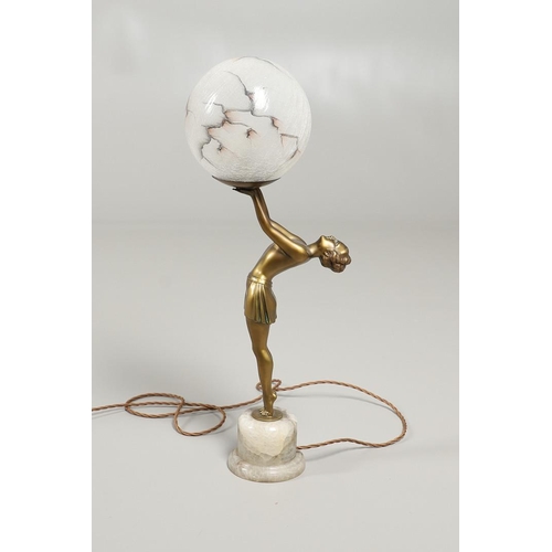 737 - ART DECO FIGURAL LAMP & SHADE. A spelter table lamp in the form of lady balanced on tip toes, the fi... 