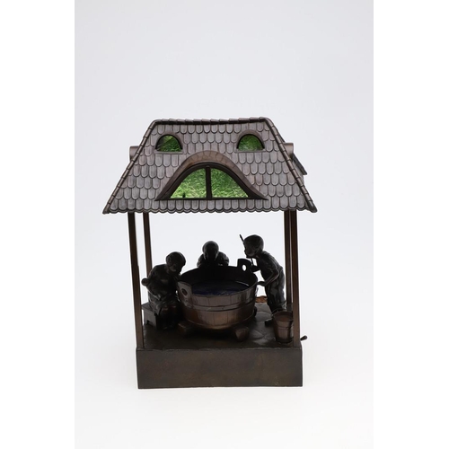 746 - OSWALD SCHIMMELPFENNIG - GERMAN BRONZE FIGURAL TABLE LAMP. In the form of three children fishing fro... 