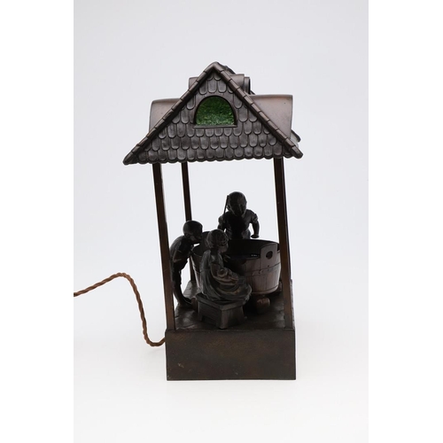 746 - OSWALD SCHIMMELPFENNIG - GERMAN BRONZE FIGURAL TABLE LAMP. In the form of three children fishing fro... 