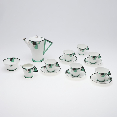 749 - SHELLEY ART DECO COFFEE SET - GREEN BLOCKS. A rare coffee set in the Vogue 'Green Blocks' design, Pa... 