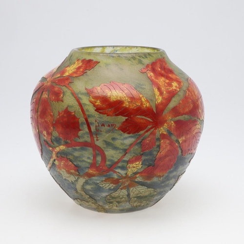 751 - DAUM NANCY - FRENCH CAMEO GLASS VASE 'AUTUMN LEAVES'. A large globular cameo glass vase, with red, y... 