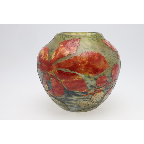 751 - DAUM NANCY - FRENCH CAMEO GLASS VASE 'AUTUMN LEAVES'. A large globular cameo glass vase, with red, y... 