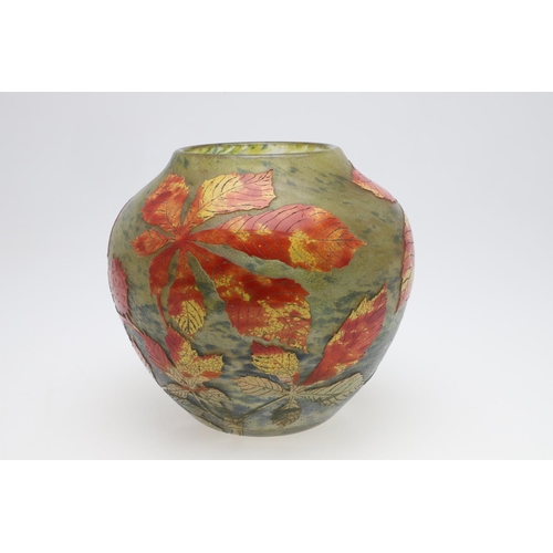 751 - DAUM NANCY - FRENCH CAMEO GLASS VASE 'AUTUMN LEAVES'. A large globular cameo glass vase, with red, y... 