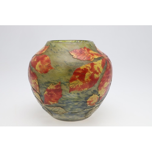 751 - DAUM NANCY - FRENCH CAMEO GLASS VASE 'AUTUMN LEAVES'. A large globular cameo glass vase, with red, y... 