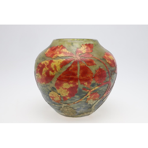 751 - DAUM NANCY - FRENCH CAMEO GLASS VASE 'AUTUMN LEAVES'. A large globular cameo glass vase, with red, y... 