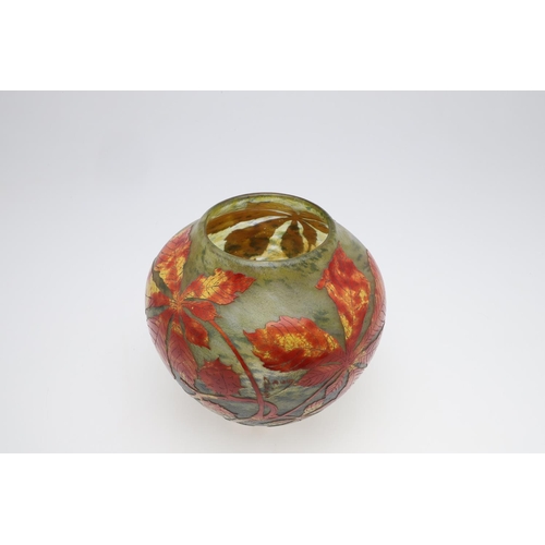 751 - DAUM NANCY - FRENCH CAMEO GLASS VASE 'AUTUMN LEAVES'. A large globular cameo glass vase, with red, y... 