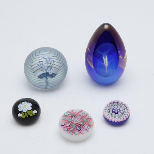 770 - PETER MCDOUGALL & OKRA - GLASS PAPERWEIGHTS. Three paperweights including a millefiori trellis paper... 