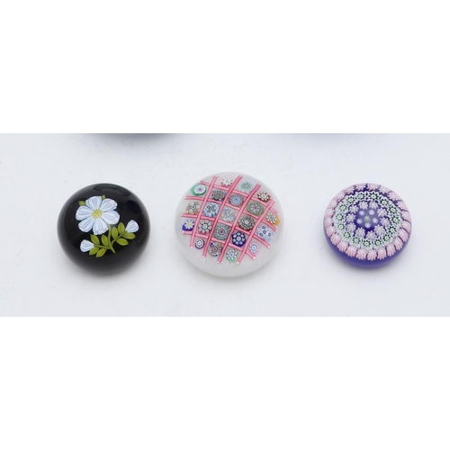 770 - PETER MCDOUGALL & OKRA - GLASS PAPERWEIGHTS. Three paperweights including a millefiori trellis paper... 