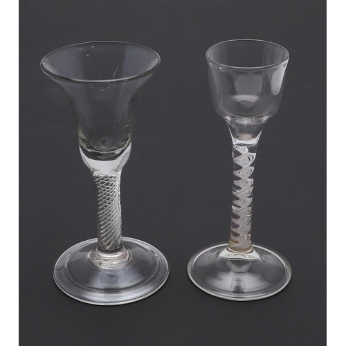 779 - 18THC ENGLSH WINE GLASS & OTHER ANTIQUE GLASSES. A 18thc wine glass with bell shaped bowl, with spir... 