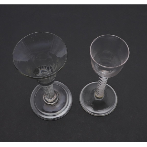 779 - 18THC ENGLSH WINE GLASS & OTHER ANTIQUE GLASSES. A 18thc wine glass with bell shaped bowl, with spir... 