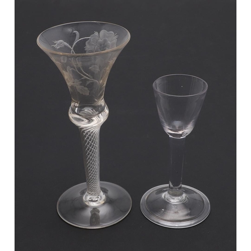 779 - 18THC ENGLSH WINE GLASS & OTHER ANTIQUE GLASSES. A 18thc wine glass with bell shaped bowl, with spir... 