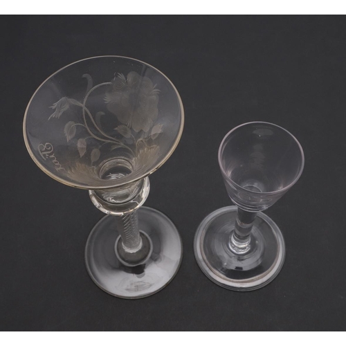 779 - 18THC ENGLSH WINE GLASS & OTHER ANTIQUE GLASSES. A 18thc wine glass with bell shaped bowl, with spir... 