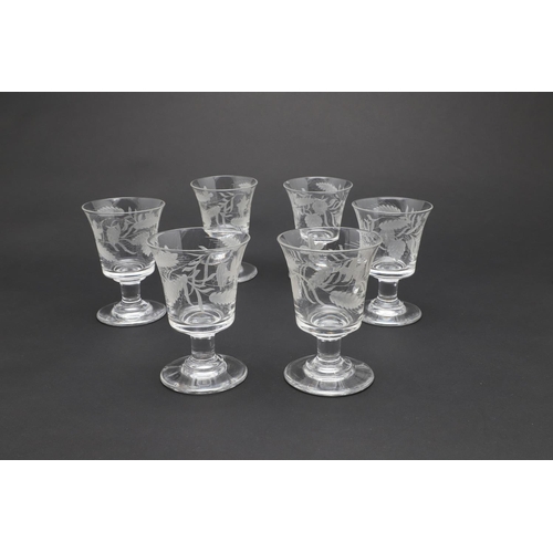 783 - SET OF ANTIQUE WINE GLASSES & OTHER ANTIQUE GLASSES. A set of six glass glasses, the bowls etched wi... 