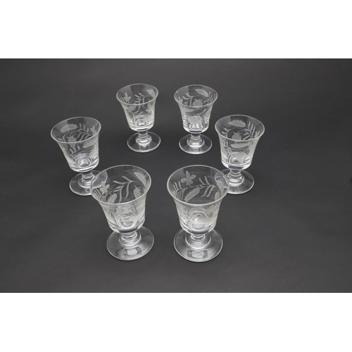 783 - SET OF ANTIQUE WINE GLASSES & OTHER ANTIQUE GLASSES. A set of six glass glasses, the bowls etched wi... 