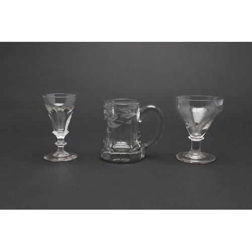 783 - SET OF ANTIQUE WINE GLASSES & OTHER ANTIQUE GLASSES. A set of six glass glasses, the bowls etched wi... 