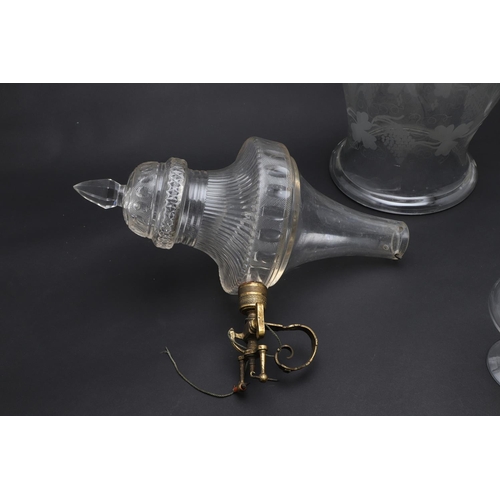 785 - ANTIQUE GLASS ITEMS - INCLUDING LEECH JAR, GAS LAMP, STORM LAMP SHADE & OTHER ITEMS. A mixed lot inc... 