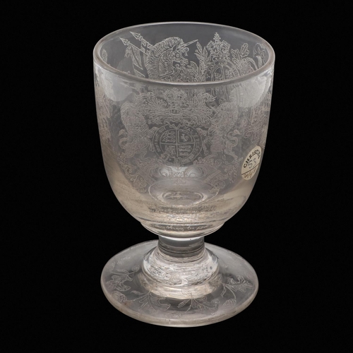 787 - ENGRAVED HERALDIC RUMMER - DATED 1850 - EX CHRISTIES 1985. An interesting glass rummer, heavily engr... 