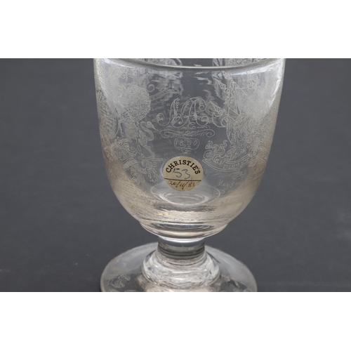 787 - ENGRAVED HERALDIC RUMMER - DATED 1850 - EX CHRISTIES 1985. An interesting glass rummer, heavily engr... 