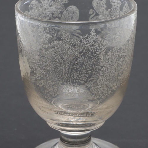 787 - ENGRAVED HERALDIC RUMMER - DATED 1850 - EX CHRISTIES 1985. An interesting glass rummer, heavily engr... 