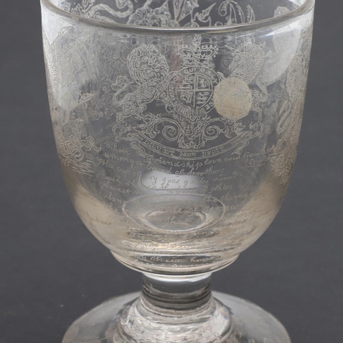 787 - ENGRAVED HERALDIC RUMMER - DATED 1850 - EX CHRISTIES 1985. An interesting glass rummer, heavily engr... 