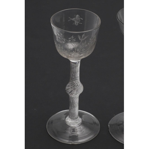 790 - ANTIQUE CORDIAL GLASSES. Including a cordial glass with a small bowl etched with flowers and leaves,... 