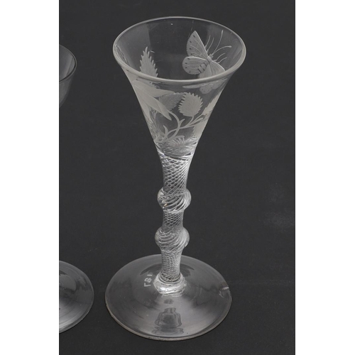 790 - ANTIQUE CORDIAL GLASSES. Including a cordial glass with a small bowl etched with flowers and leaves,... 